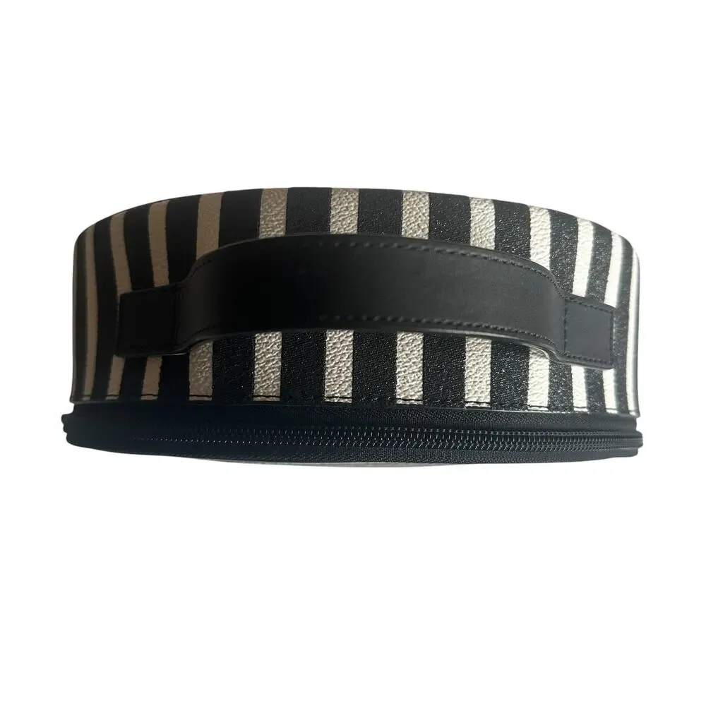 Kate Spade Miri Glitter Makeup Bag Black White Striped Round Cosmetic Case